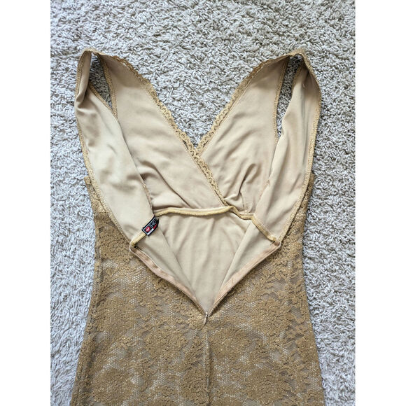 Y2K HotKiss Babydoll Dress Womens M Gold Metallic Lace Vintage Fairy Romantic - Picture 5 of 8